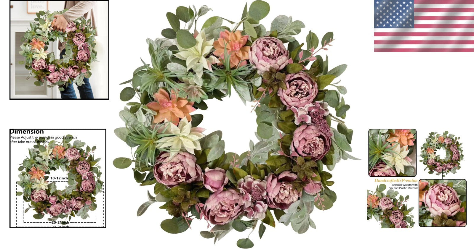 Stylish 24 Inch Spring Peony Wreath with Succulent Arrangement - Indoor/Outdoor