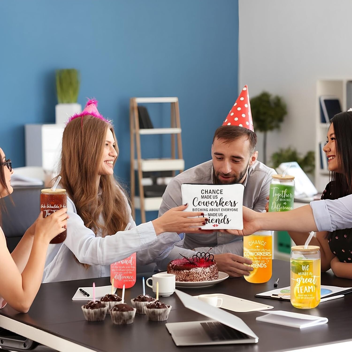 Thank You Gift Set - 12 Glass Cups, Makeup Bags & Pens for Employees, Teachers