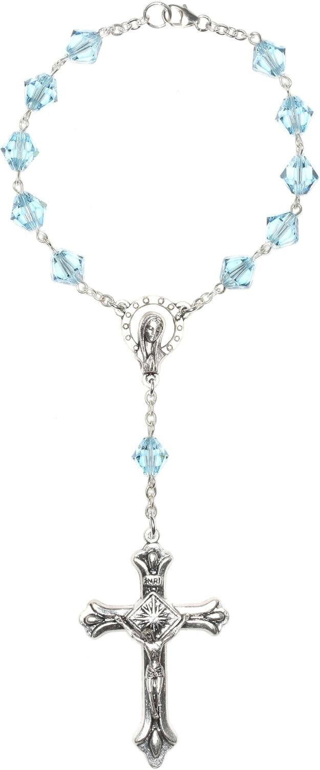 Austrian Crystal Aquamarine Auto Clasp Rosary with Holy Card - March Birthstone