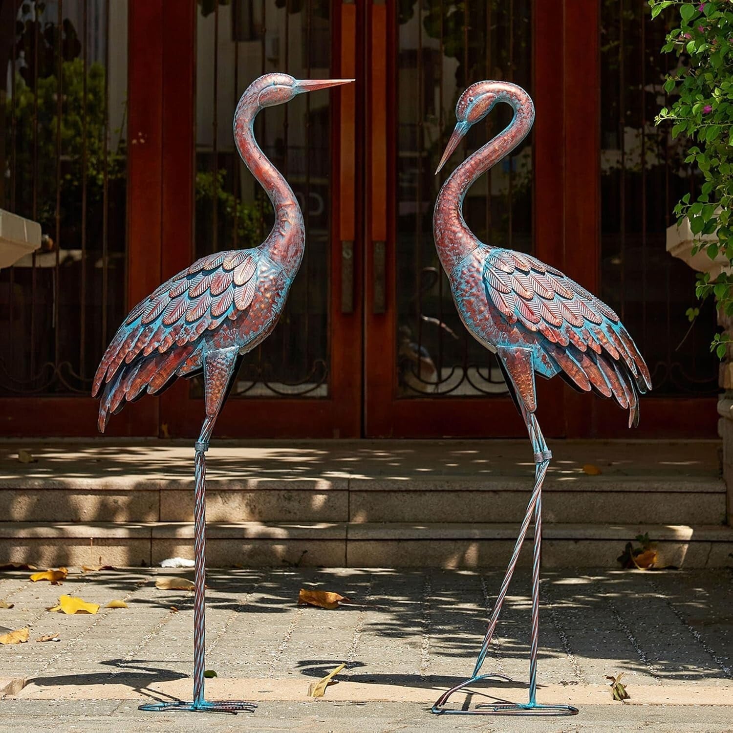 Lifelike Patina Metal Crane Sculpture Set - 47-48 Inch Yard Art Collection