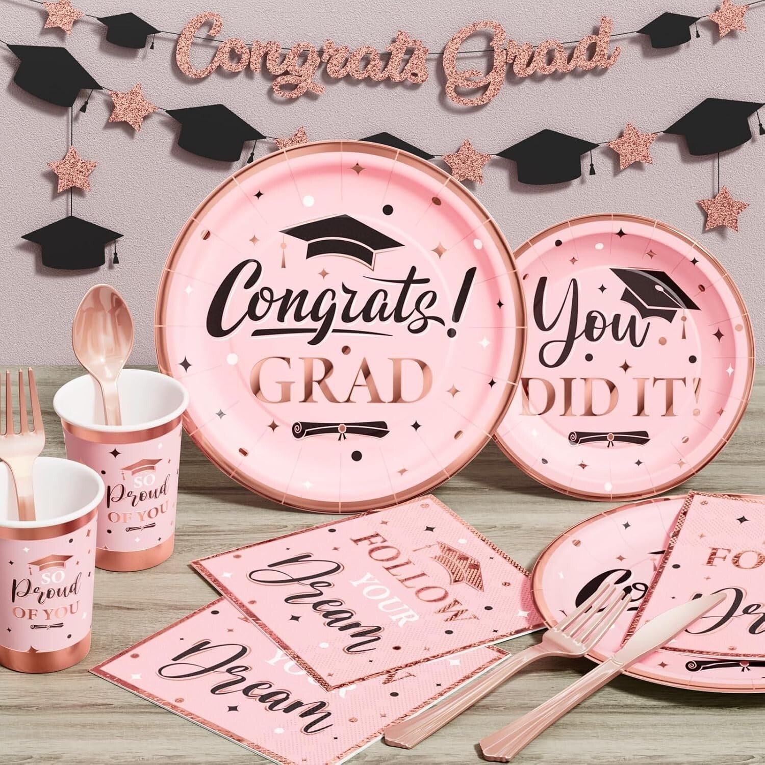 350 PCS Pink Graduation Supplies with Stylish Plates, Cups & Cutlery - Serves 50
