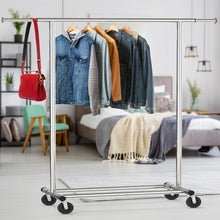 Load image into Gallery viewer, Extendable Chrome Garment Rack – 42 to 67 Inches, Perfect for Home &amp; Commercial