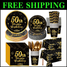 Load image into Gallery viewer, Stunning 452-Pc Black Gold 50th Birthday Decor Set - Perfect for Celebrations