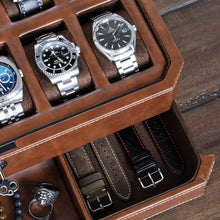 Load image into Gallery viewer, 12 Slot Leather Watch Box &amp; Slide Out Drawer - Luxury Organizer in Tan/Brown