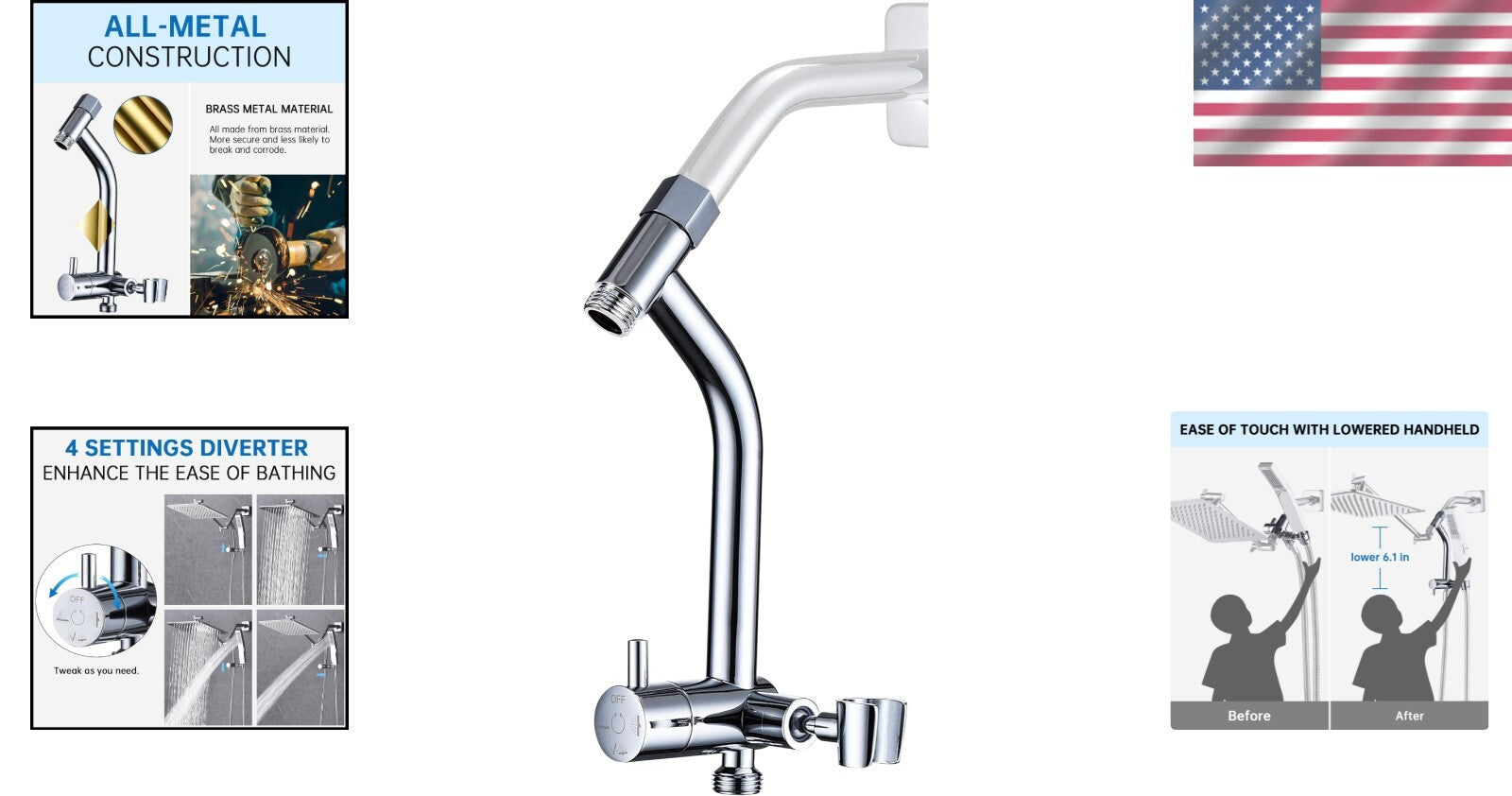 Premium All-Metal Shower Diverter with Low Holder - 4-Setting Universal Chrome