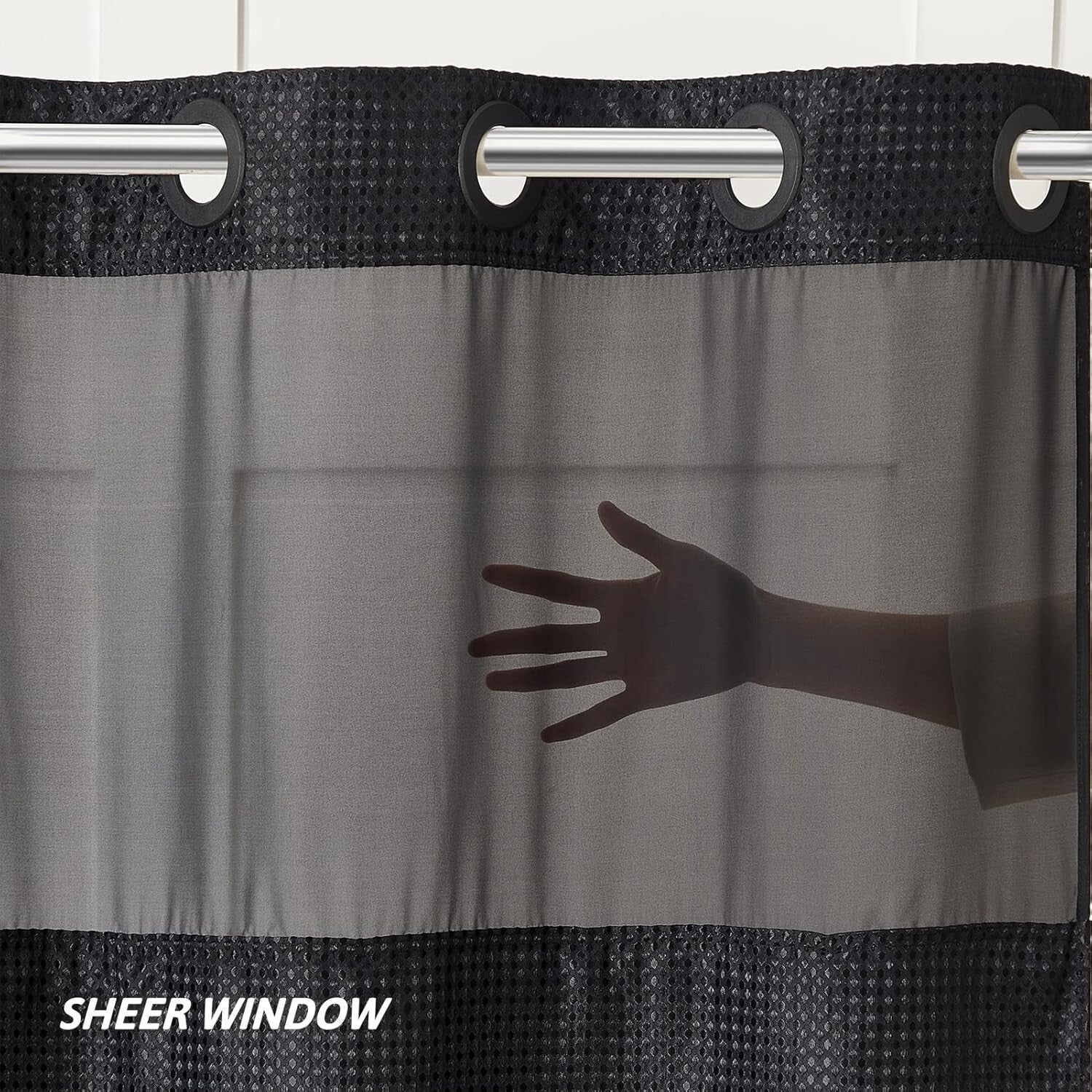 Luxury Black Shower Curtain with Mesh Top & Removable Liner – 96 Inch Length