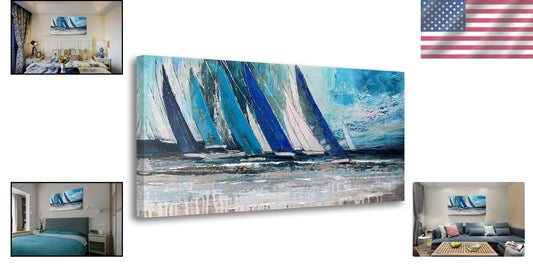 Coastal Blue Sailboat Canvas Art 48inx24in - UV-Resistant Nautical Decor