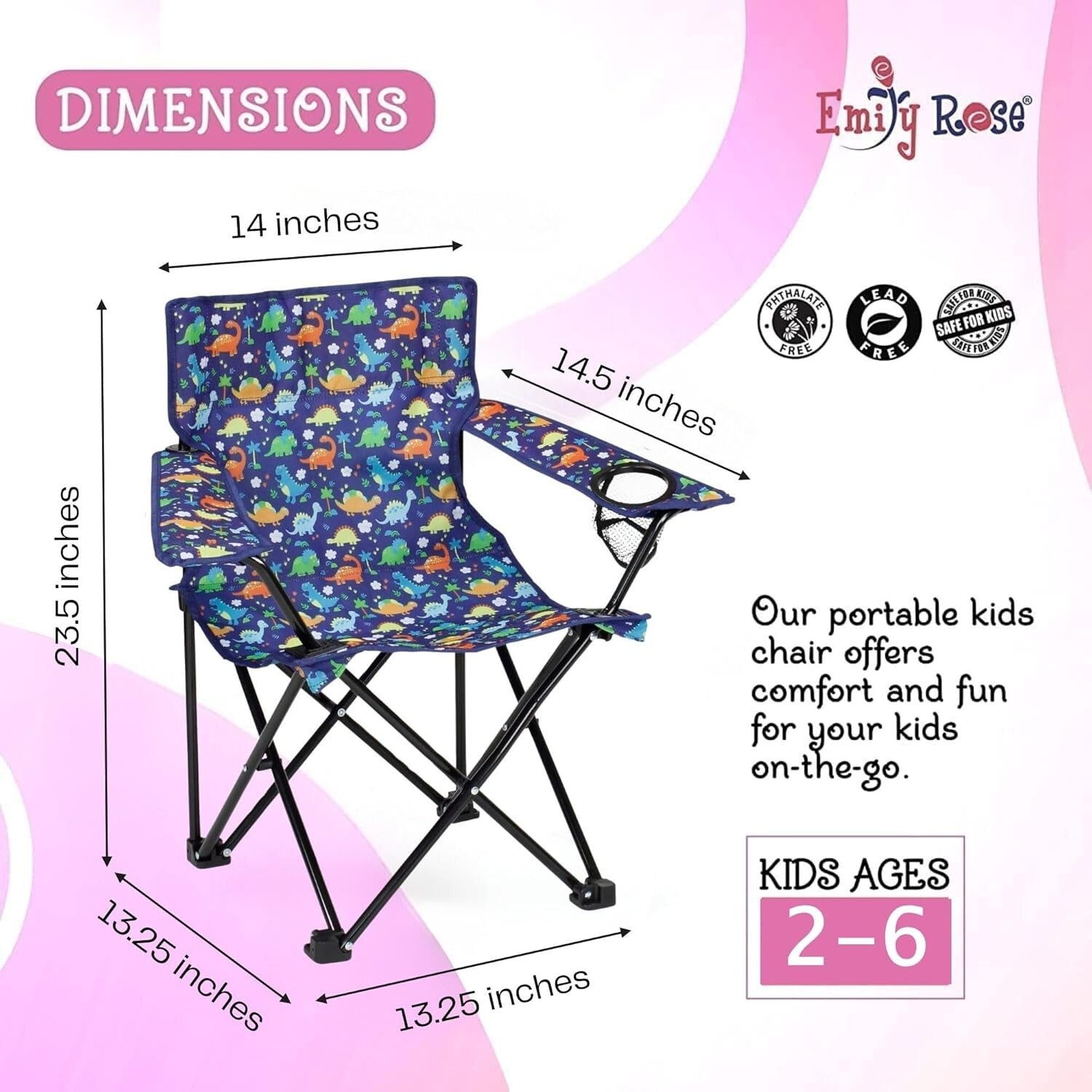 Portable Kids Folding Chair with Safety Lock & Cup Holder - Playful Dinosaurs