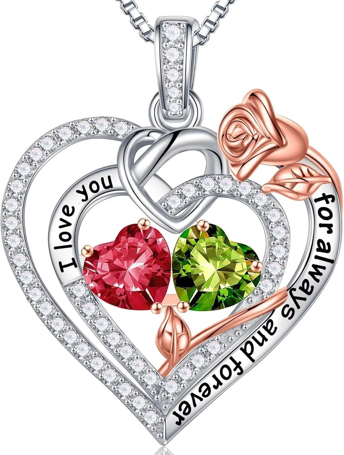 Engraved Heart Pendant Necklace with Dual Birthstones – Unique Gift for Women