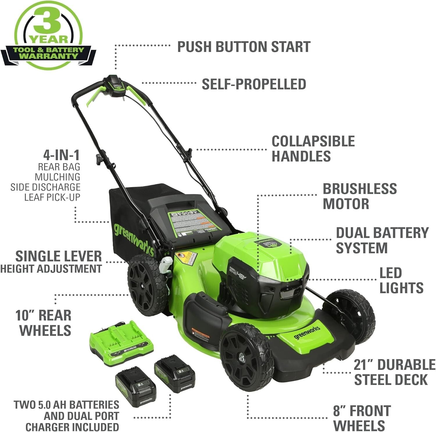 All-In-One Cordless 48V Lawn Tool Set: 21" Mower, Trimmer & Leaf Blower Included