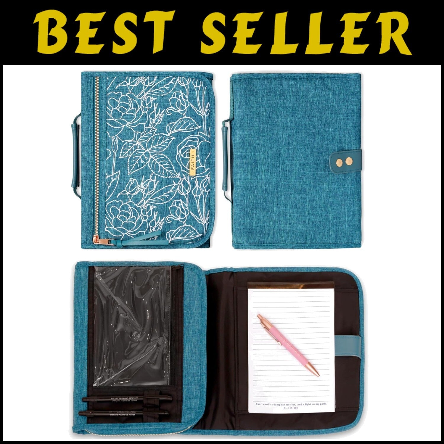 Protective Teal Floral Bible Cover with Zipper and Notepad for Organized Faith