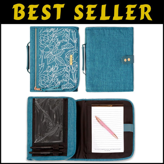Protective Teal Floral Bible Cover with Zipper and Notepad for Organized Faith