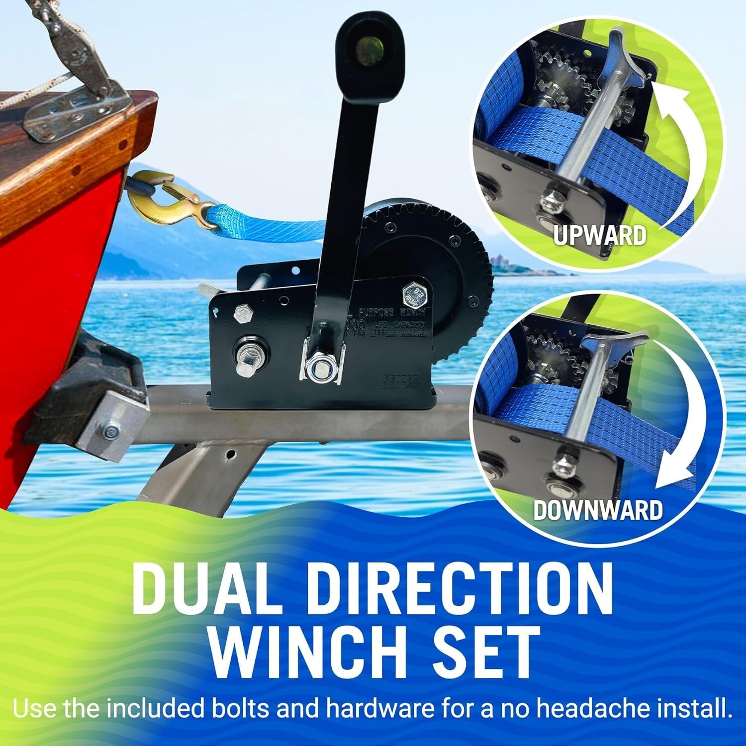 Versatile 2000 lbs Boat Winch - Manual Hand Crank with Premium Strap & Hook
