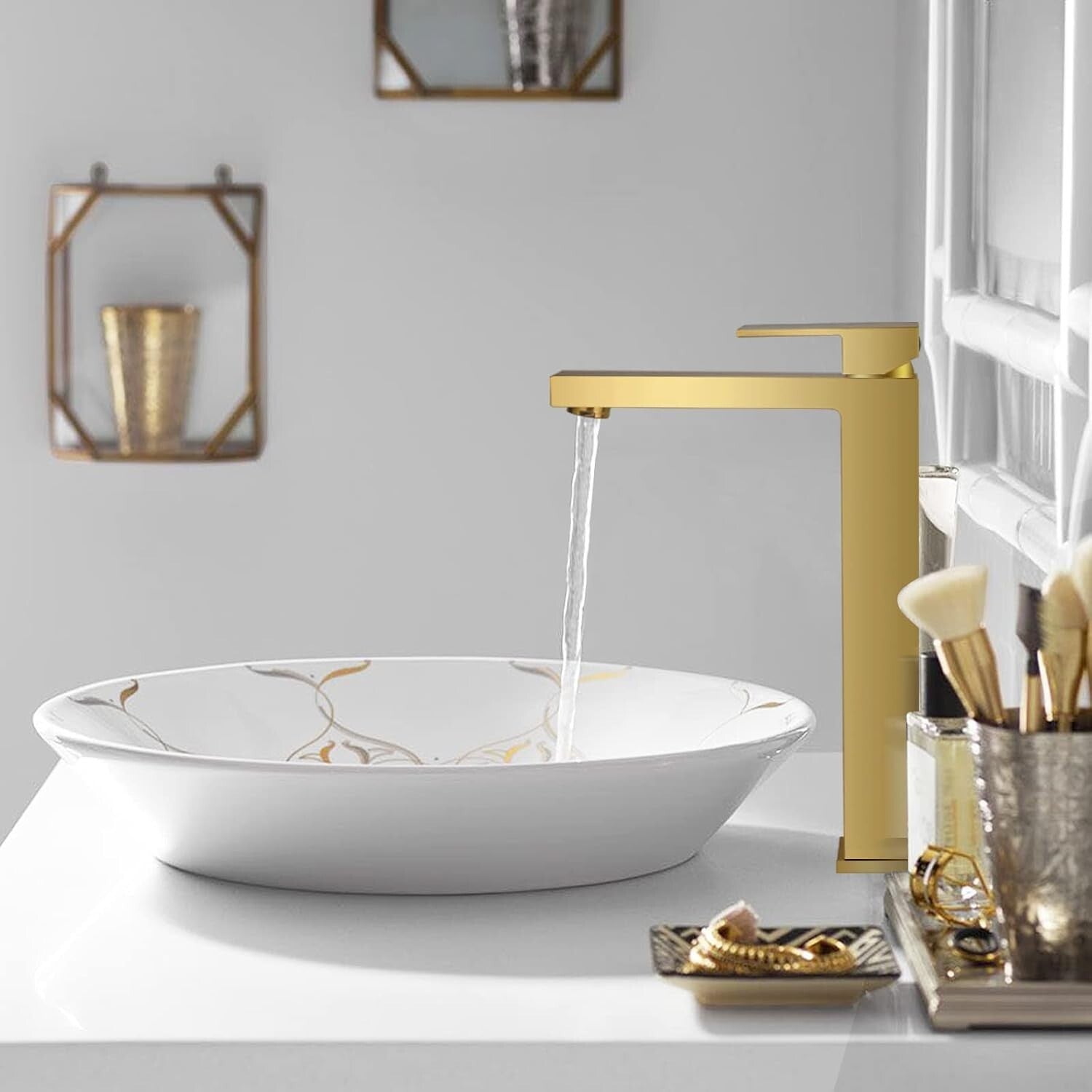 Modern Single Handle Brushed Gold Faucet - Includes Easy-Install Pop-Up Drain