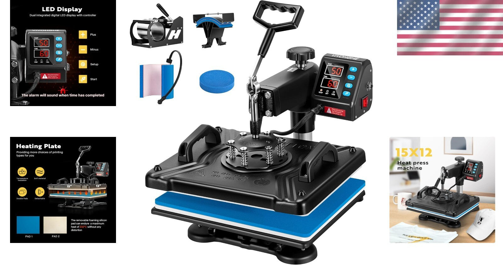 5-in-1 Clamshell Heat Press Machine - 12 x 15 Inch Multifunctional Swing Away