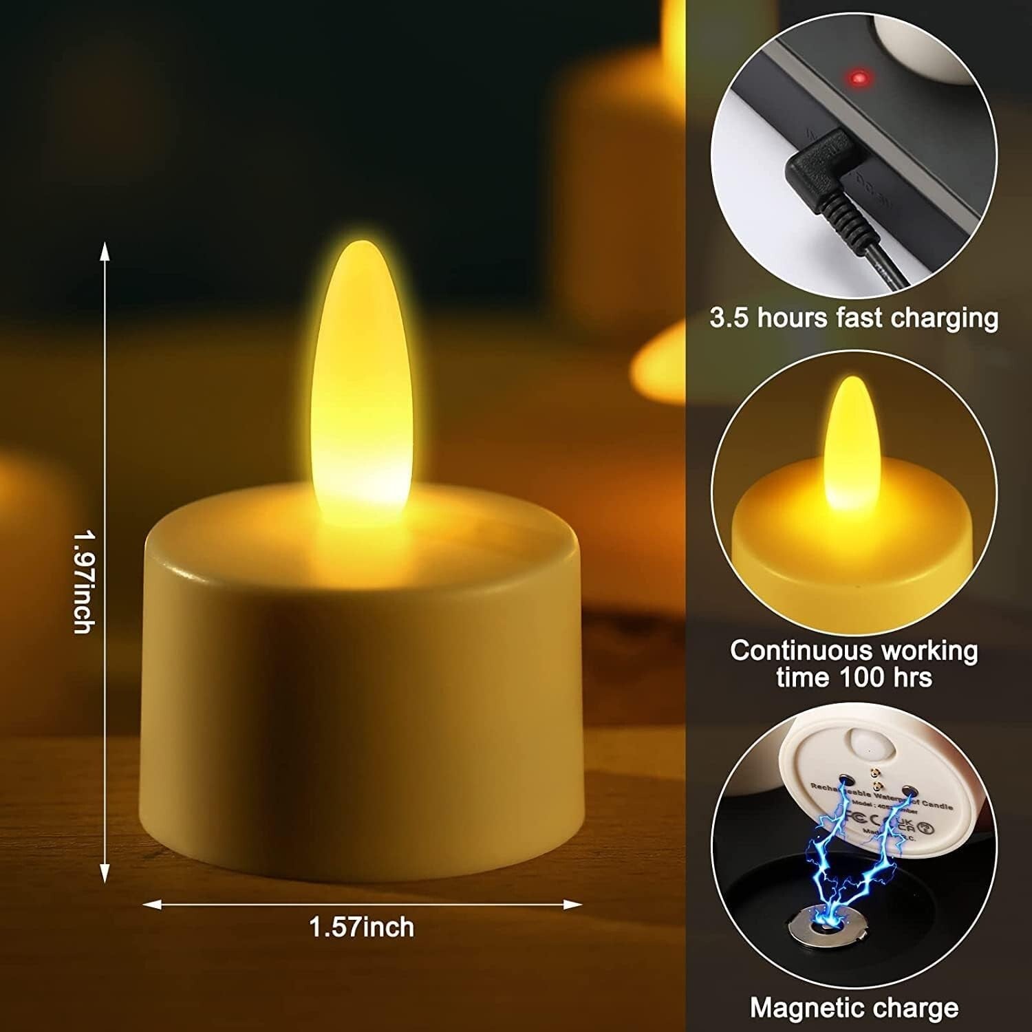 Waterproof Rechargeable LED Tea Lights with Remote - 100 Hours Flickering Warmth