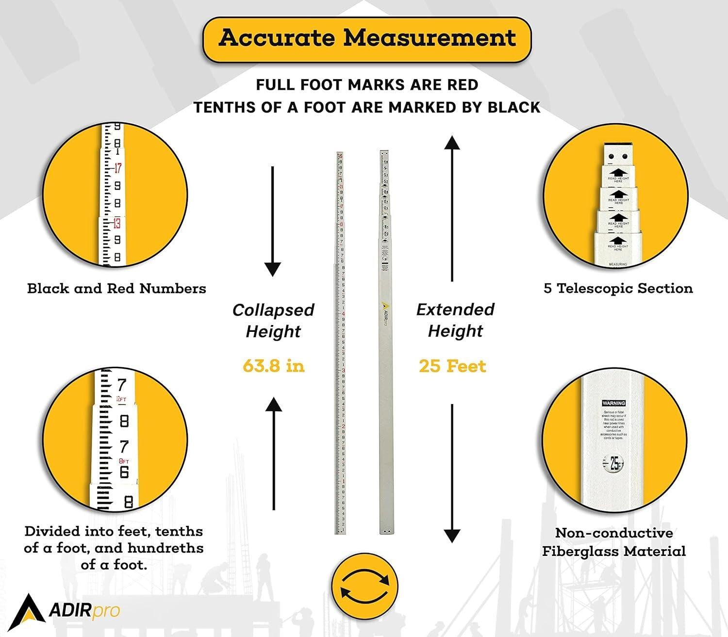 25-Foot Telescoping Fiberglass Grade Rod - Non-Glare Leveling Tool with Case