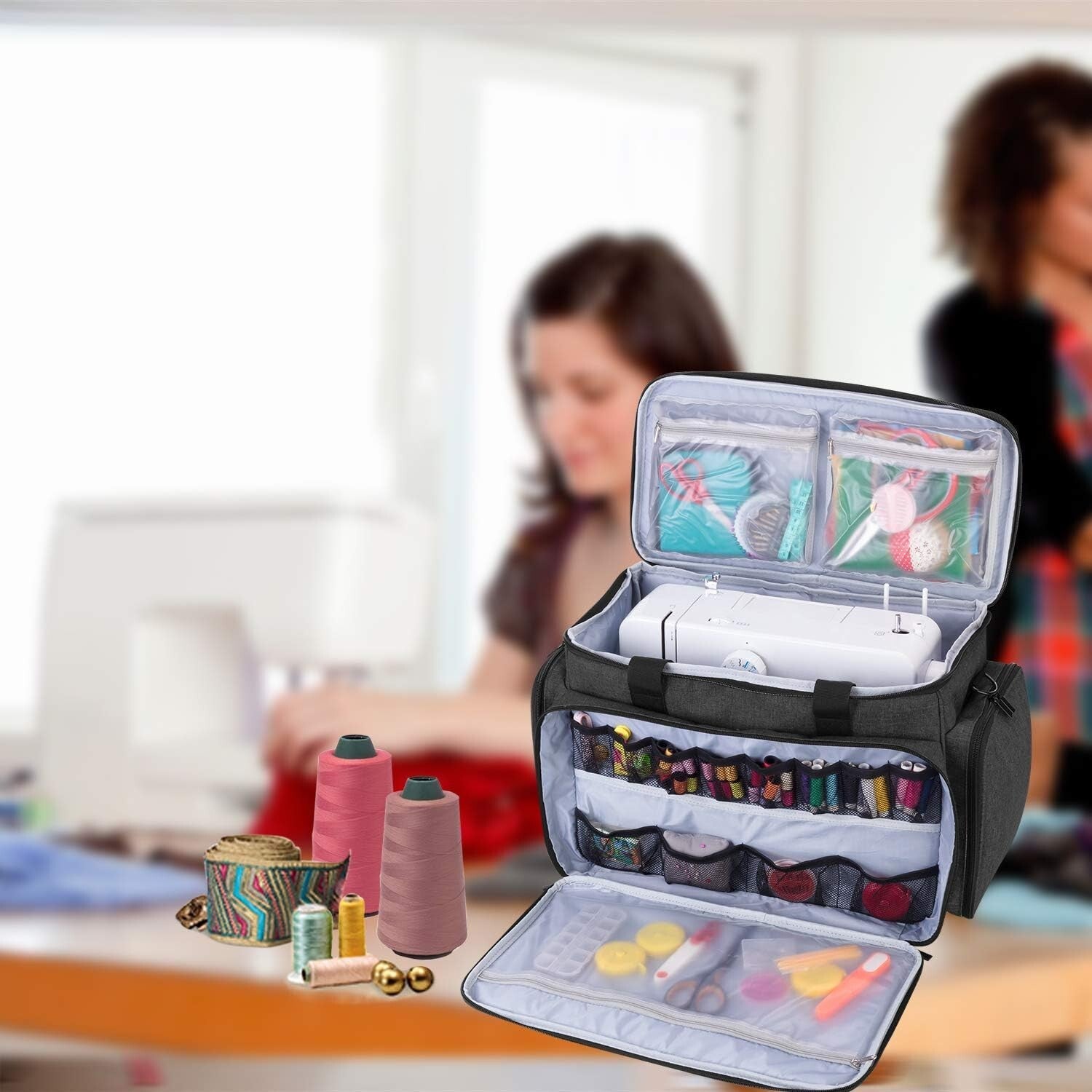 Black Sewing Machine Travel Case - Extra Protection with Multi-Storage Options