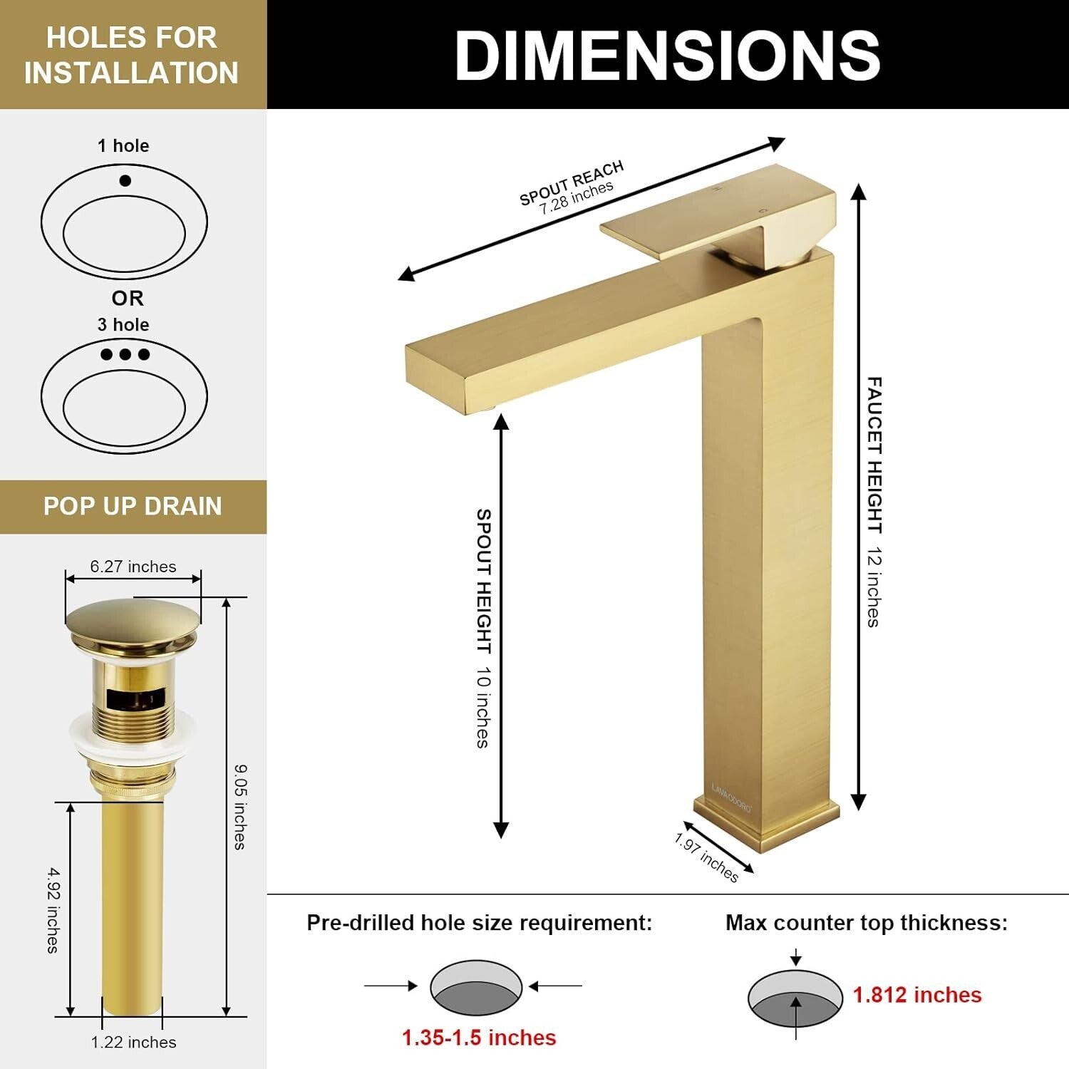 Modern Single Handle Brushed Gold Faucet - Includes Easy-Install Pop-Up Drain