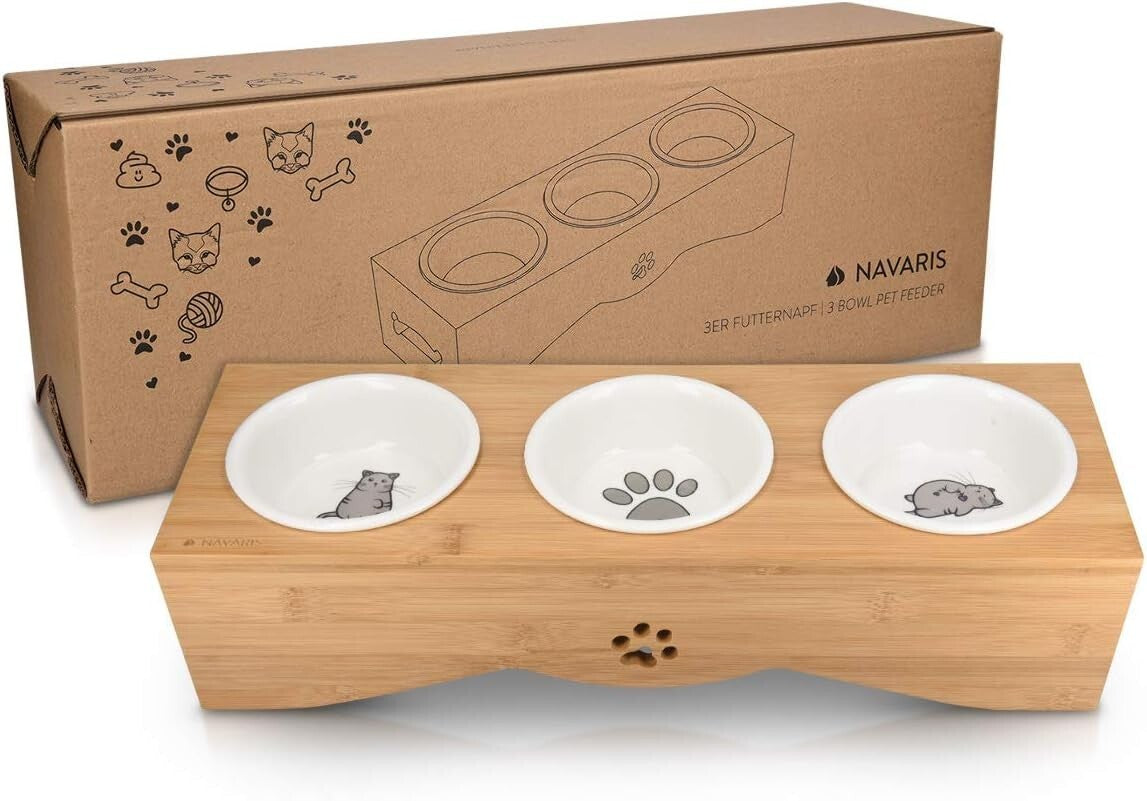 Eco-Friendly Elevated Pet Bowl Set - 3 Ceramic Dishes in Bamboo Stand for Cats