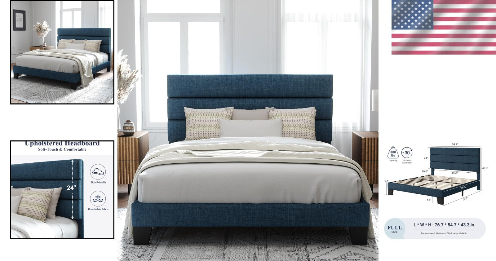 Elegant Navy Blue Full Size Bed Frame with Fabric Headboard - 800 lbs Capacity