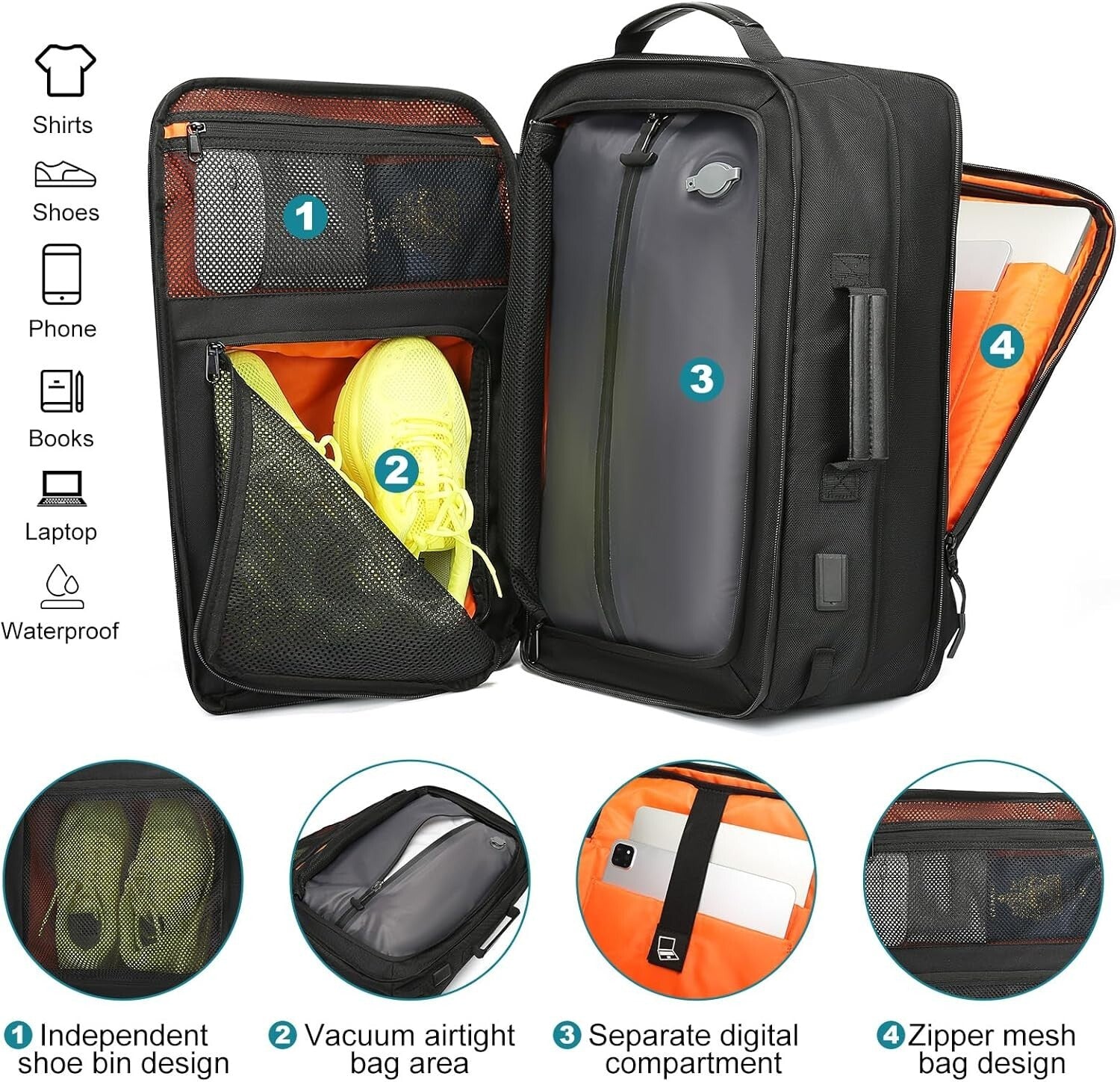 Durable Vacuum Compression Backpack with Water Resistance and USB Port - 45L