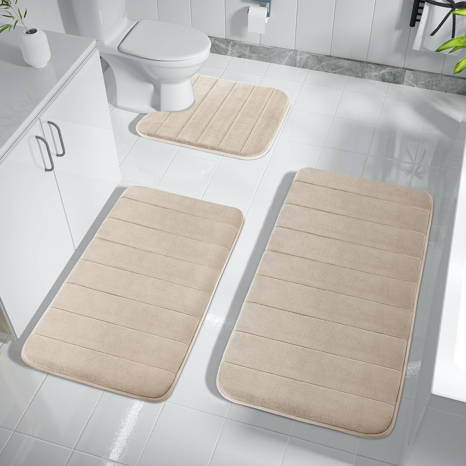 3-Piece Beige Memory Foam Bath Rug Set - Ultra-Soft, Water Absorbent & Non-Slip
