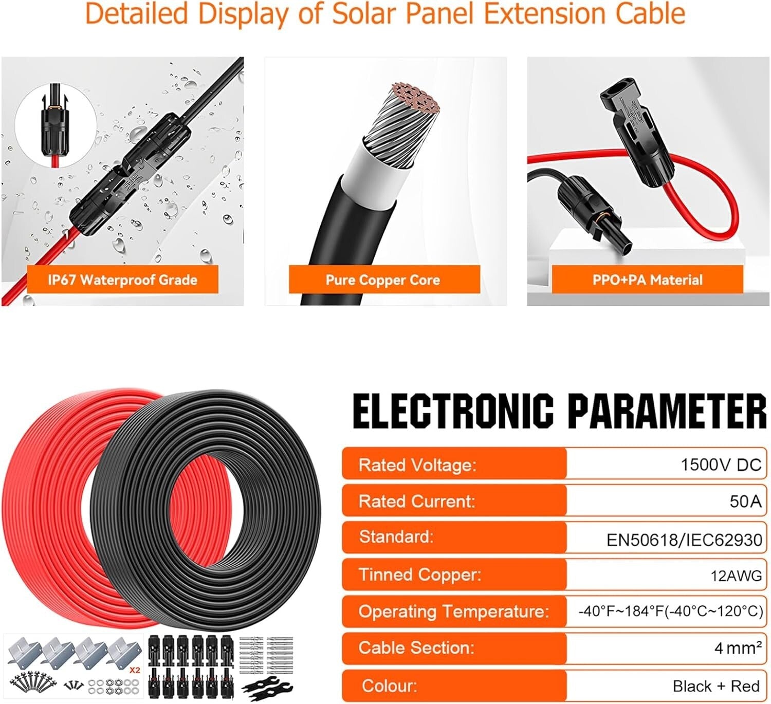 50FT 12AWG Solar Connector Cable with UV Protection - Ideal for RVs and Vehicles