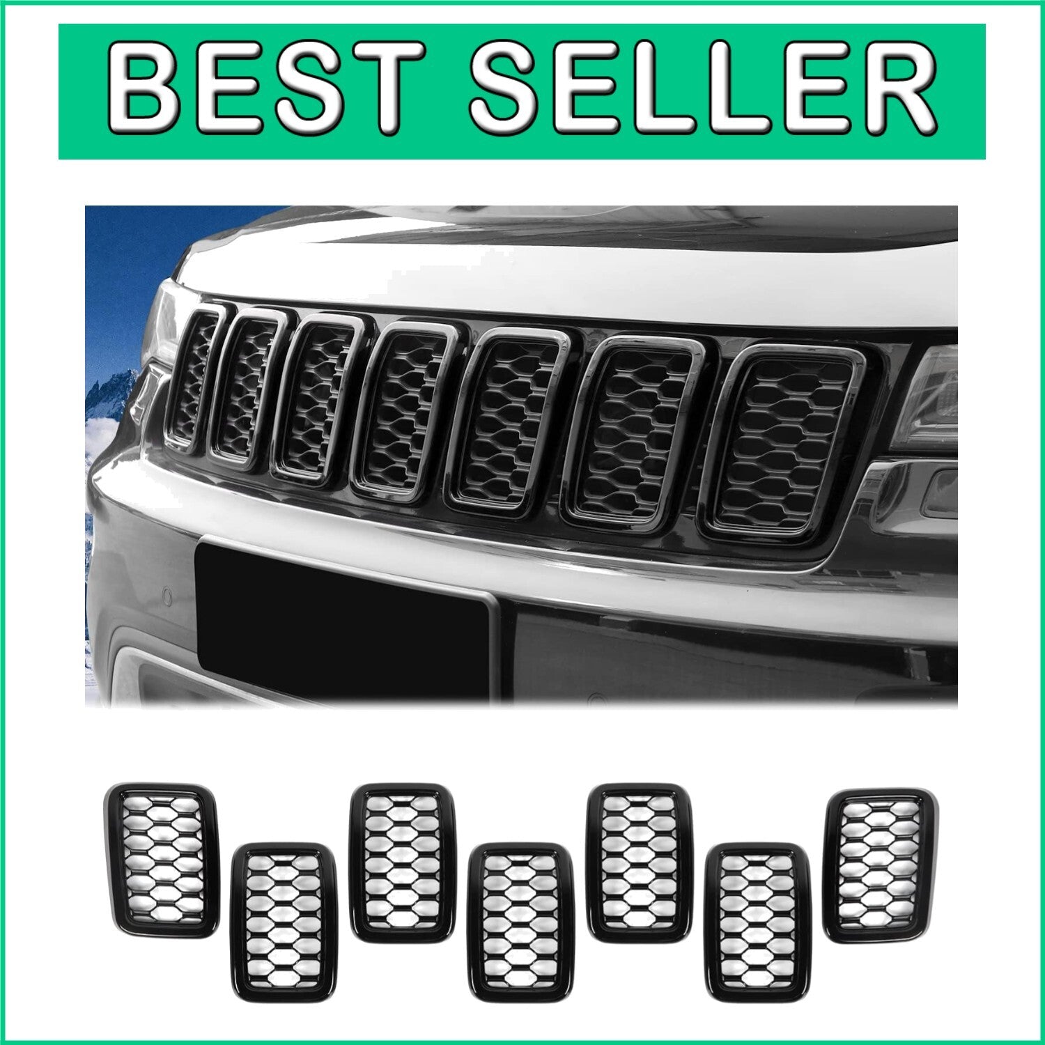 Front Grill Cover Trim Kit - 7Pcs ABS Inserts for 2017-2020 Jeep Grand Cherokee
