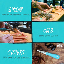 Load image into Gallery viewer, Ergonomic Seafood Tool Set: Crab Cutter, Shrimp Deveiner &amp; Oyster Knife in Blue