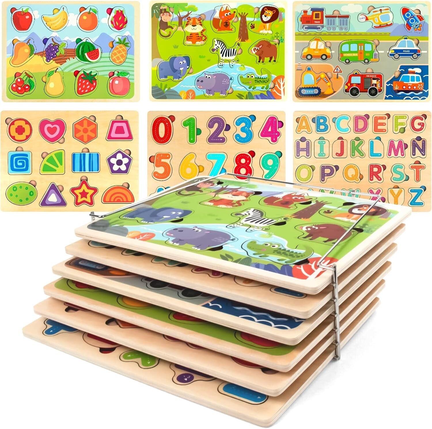 Wooden Educational Puzzle Set for Toddlers with Storage Rack - 6 Engaging Themes