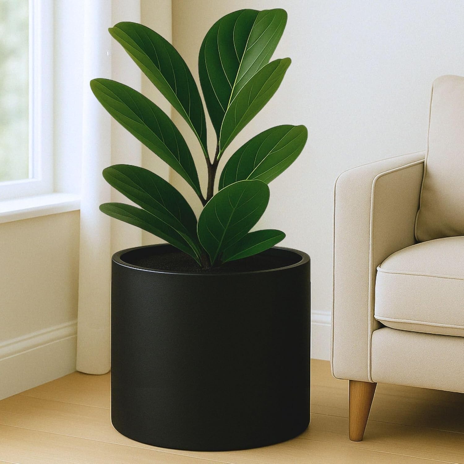 14.6 Inch XL Matte Black Fiberstone Planter with Drainage for Indoor/Outdoor