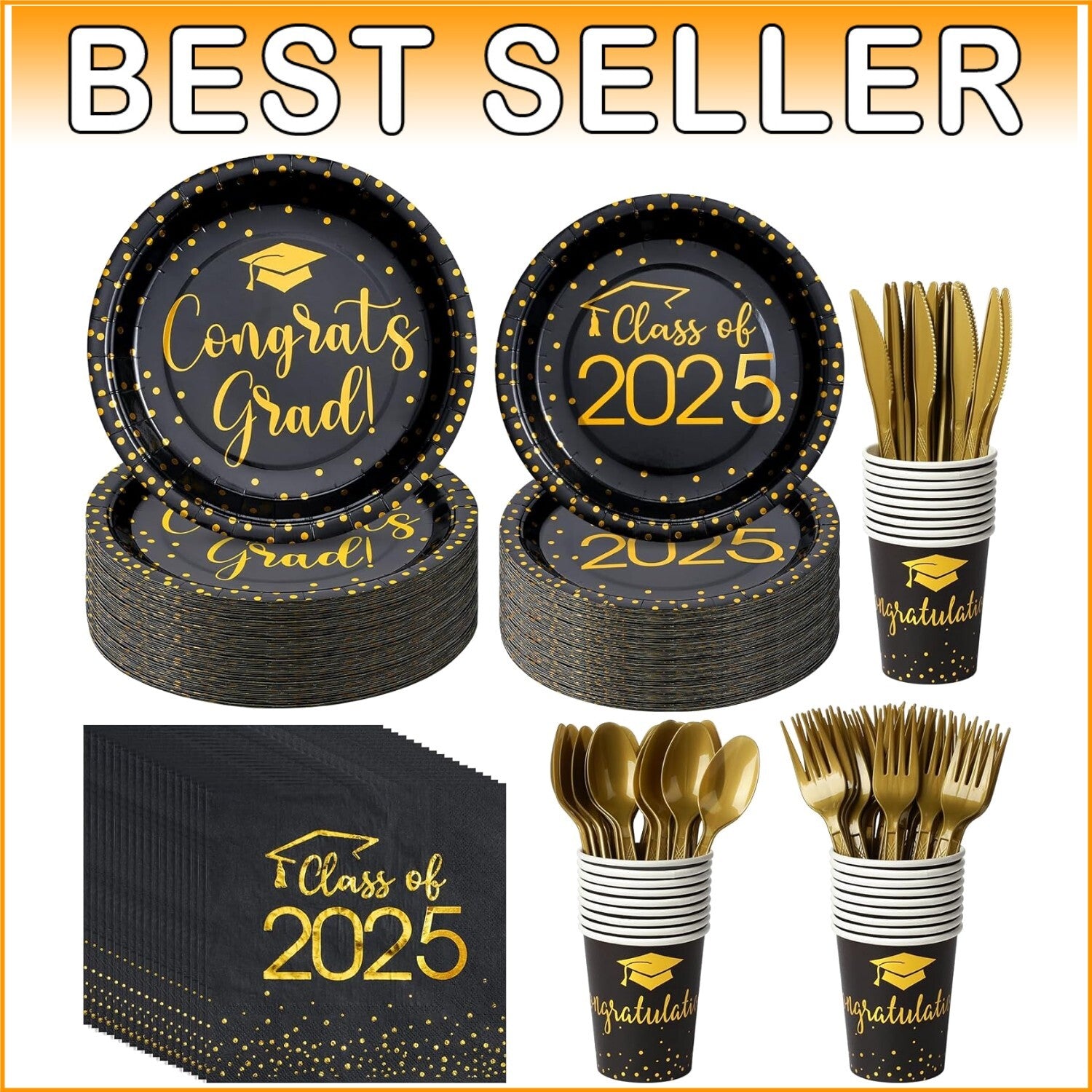 Easy-Clean 700pcs Graduation Essentials Set - Serve 100 in Black & Gold Elegance