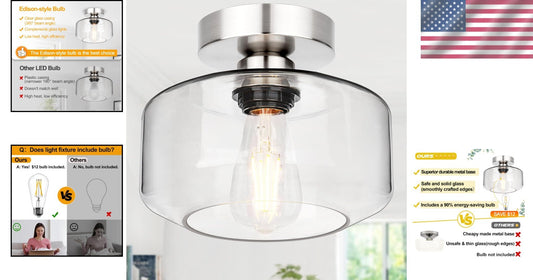 Semi Flush Mount Industrial Ceiling Light with Clear Glass and Brushed Nickel