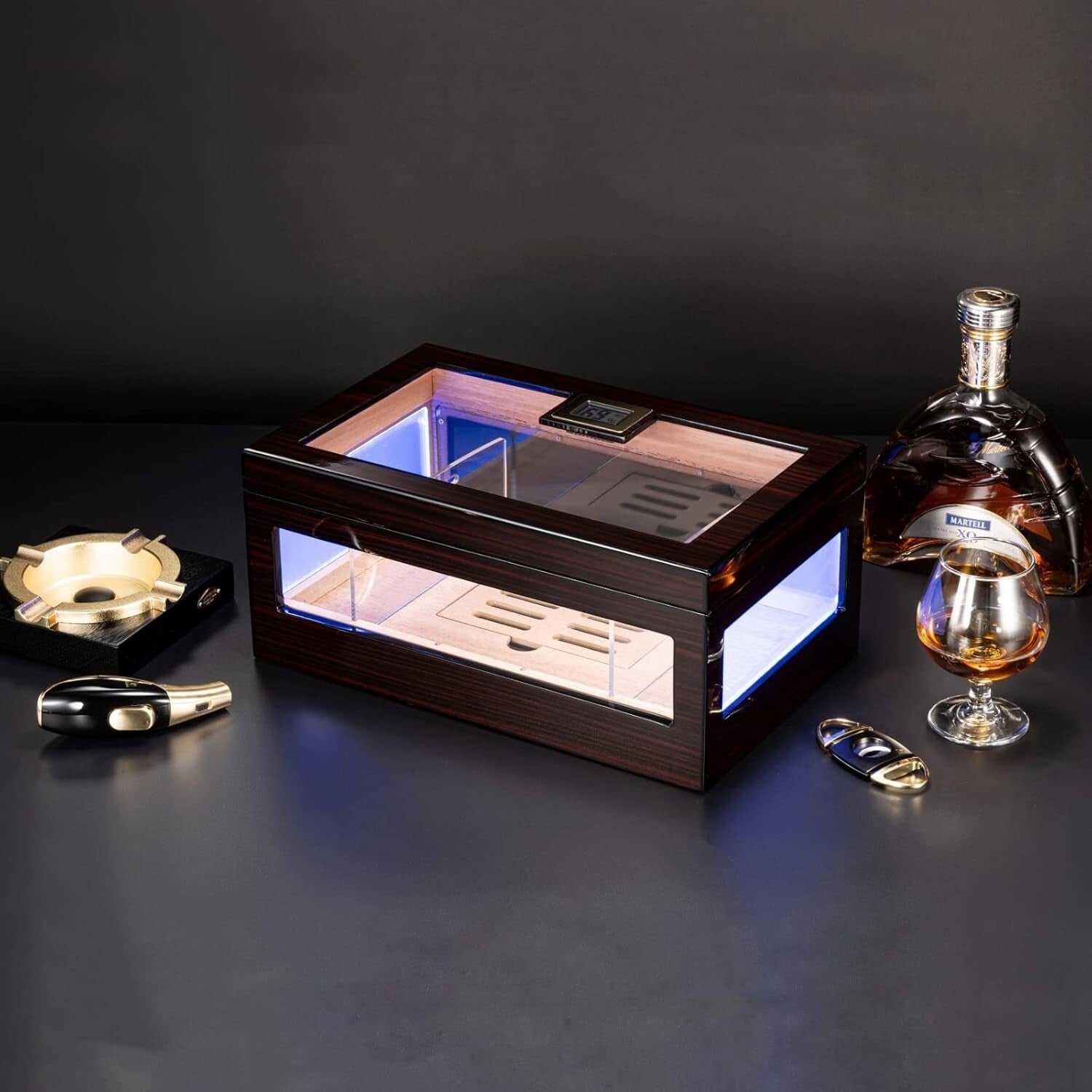 Stylish Cigar Humidor for 120 Cigars with Crystal Gel & Adjustable LED Lighting