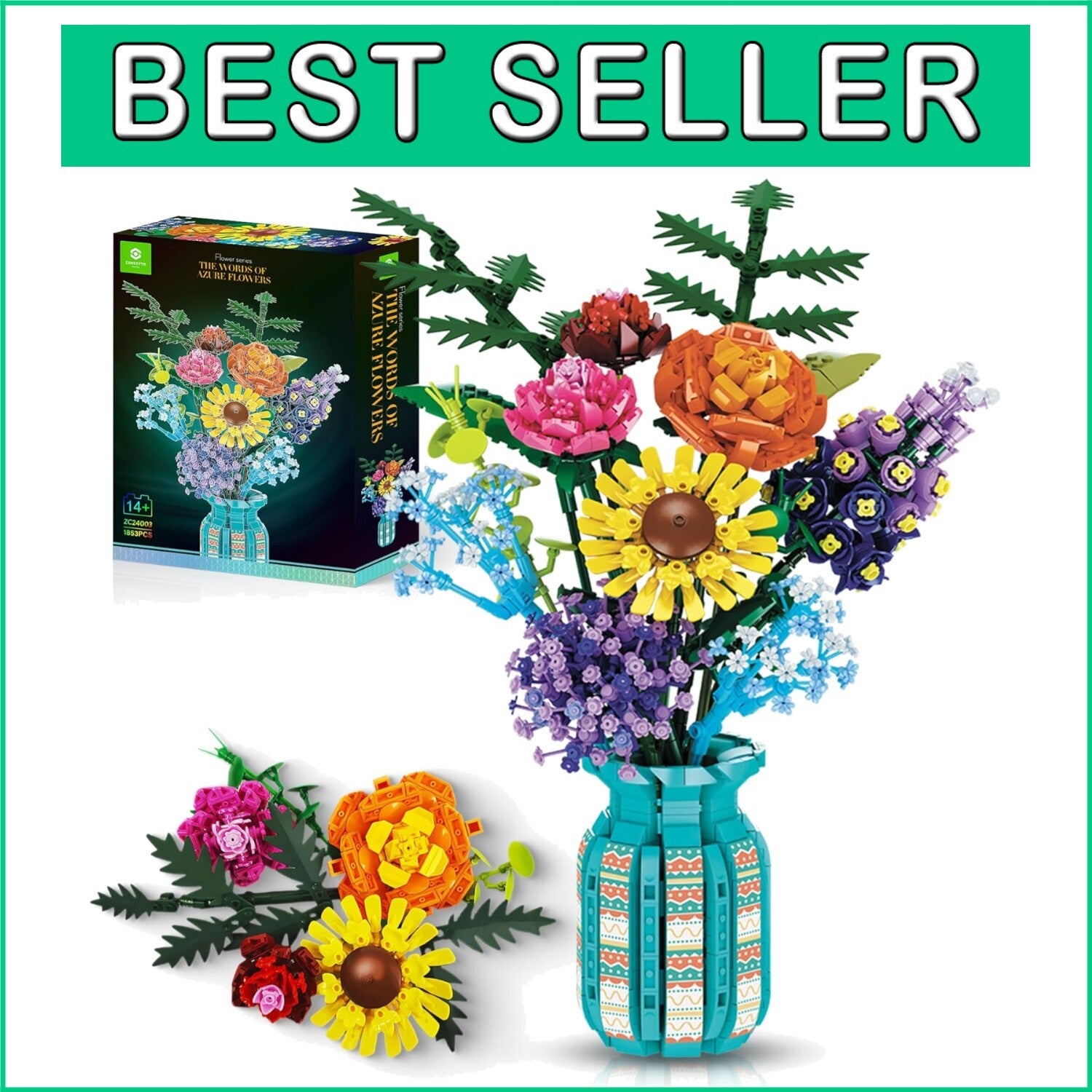 1853pcs Building Blocks Flower Bouquet Set with Adjustable Vase - Perfect Gift