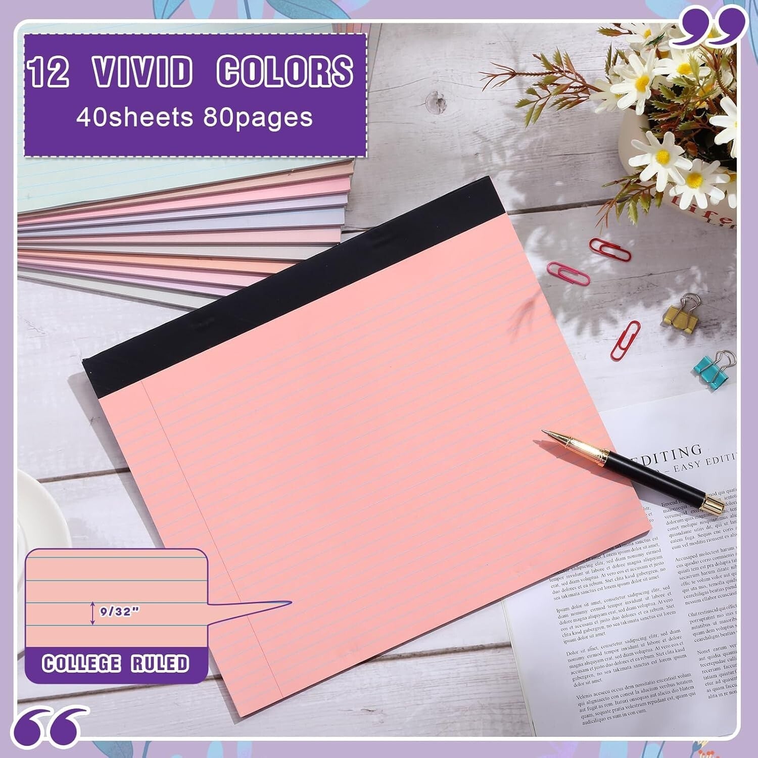 Cleverly Designed 12 Pack of Pastel 11" x 9.5" Lined Writing Pads for All Needs