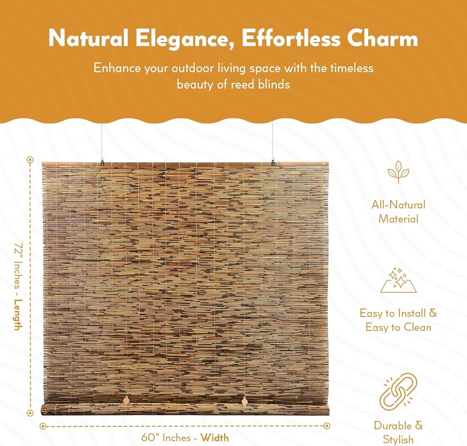 60" W x 72" L Cordless Bamboo Shades - Stylish Semi-Sheer Coverage for Patios