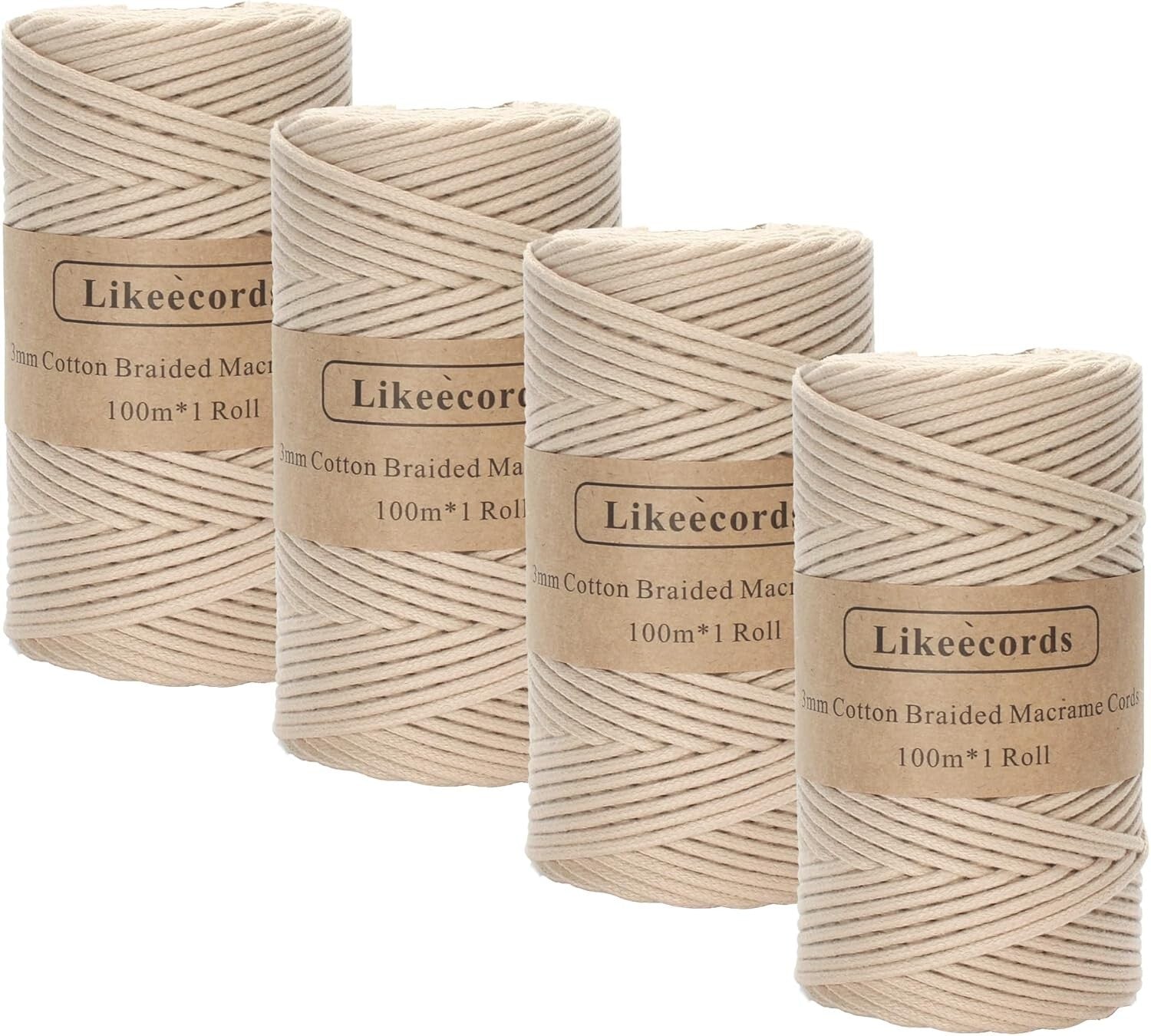 4 Skeins of Apricot 3mm Braided Cotton Macrame Cord for Creative Crafts