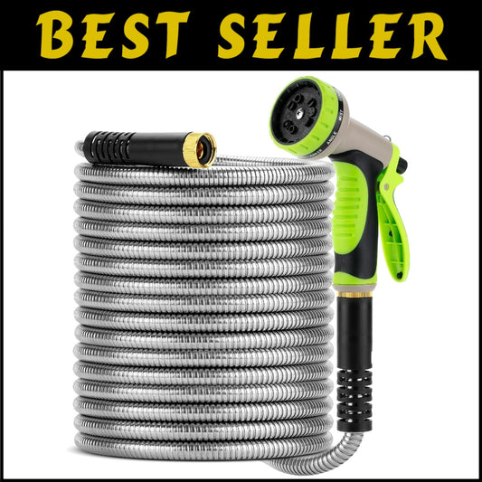 Durable 50-Ft Stainless Steel Garden Hose with Tangle-Free 10-Function Nozzle