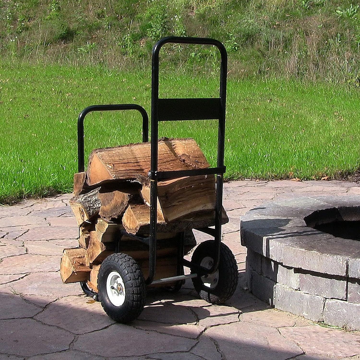 26" Black Steel Log Cart with Heavy-Duty Wheels for Effortless Firewood Handling