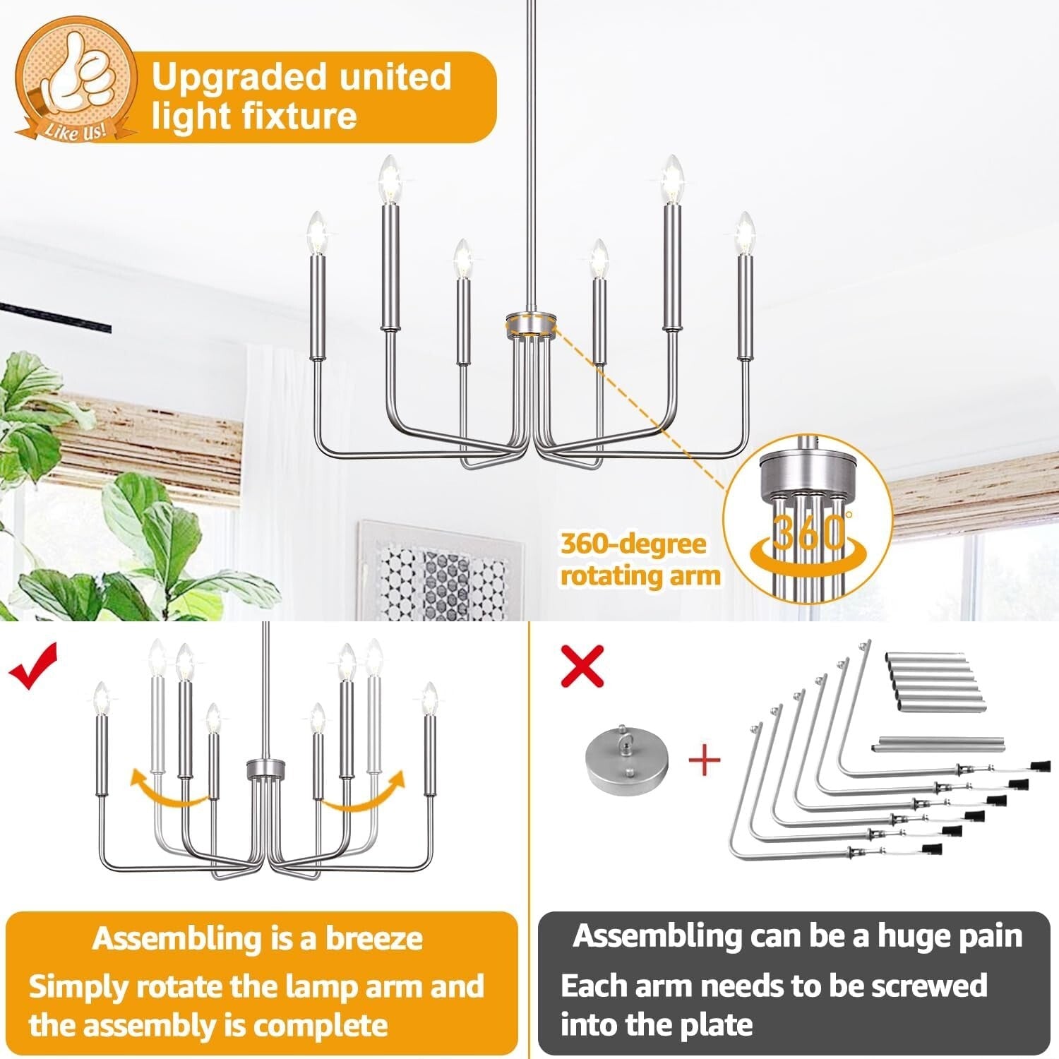 Adjustable Height 6-Light Brushed Nickel Chandelier - Modern Farmhouse Style