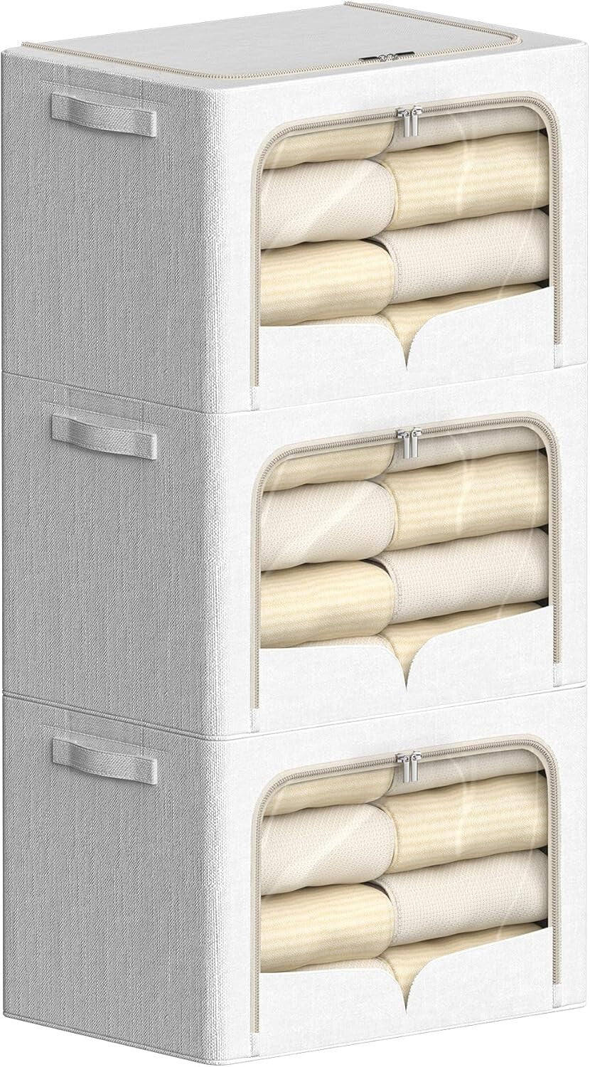 3-Pack Cream White Foldable Stackable Linen Storage Boxes with Clear Window