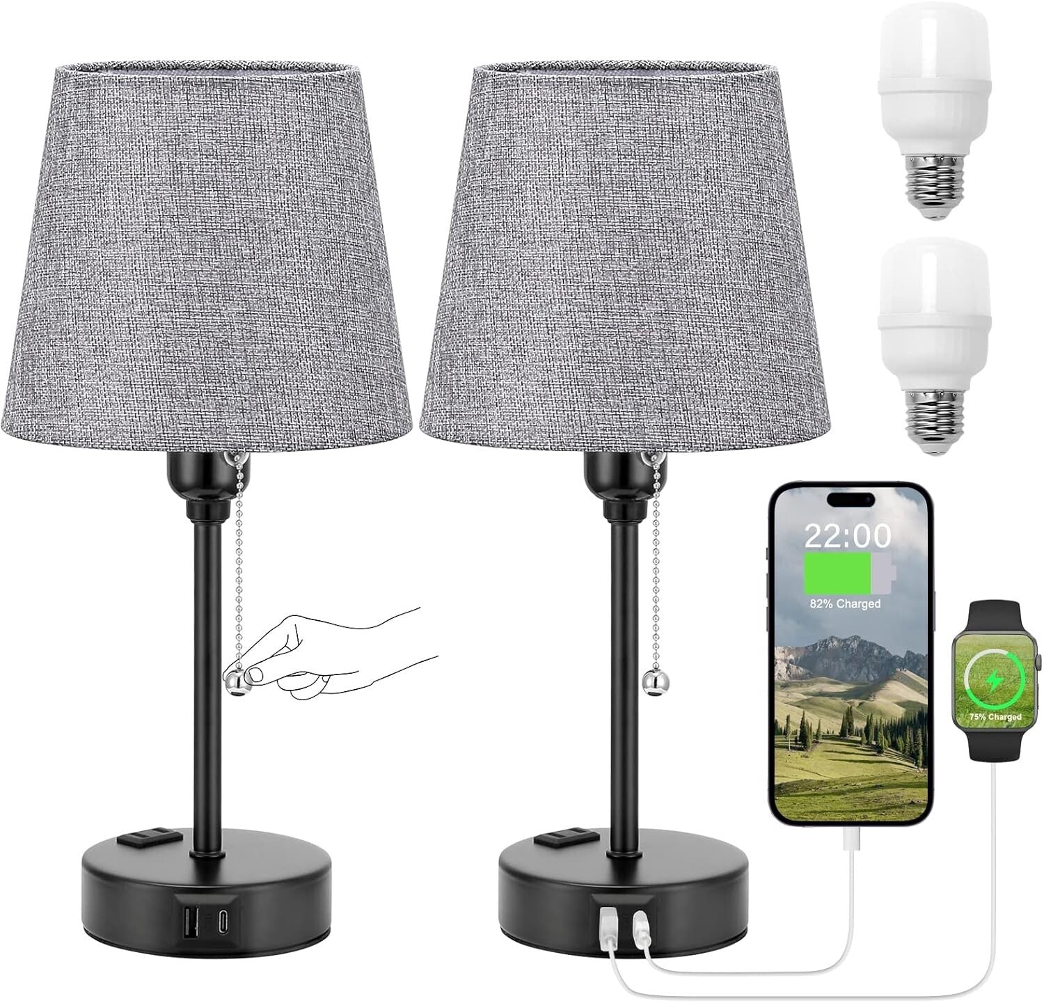 Dimmable Gray Bedside Lamps with Built-in USB Charge & 3 Light Settings - 2 Pack