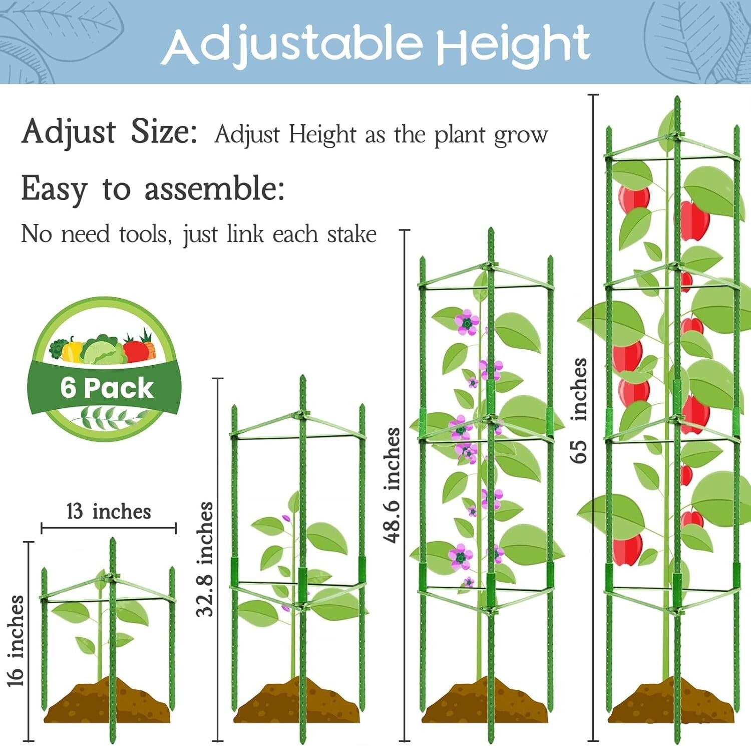 Customized 6-Pack Tomato Plant Supports - Tall Garden Stakes for Healthy Growth