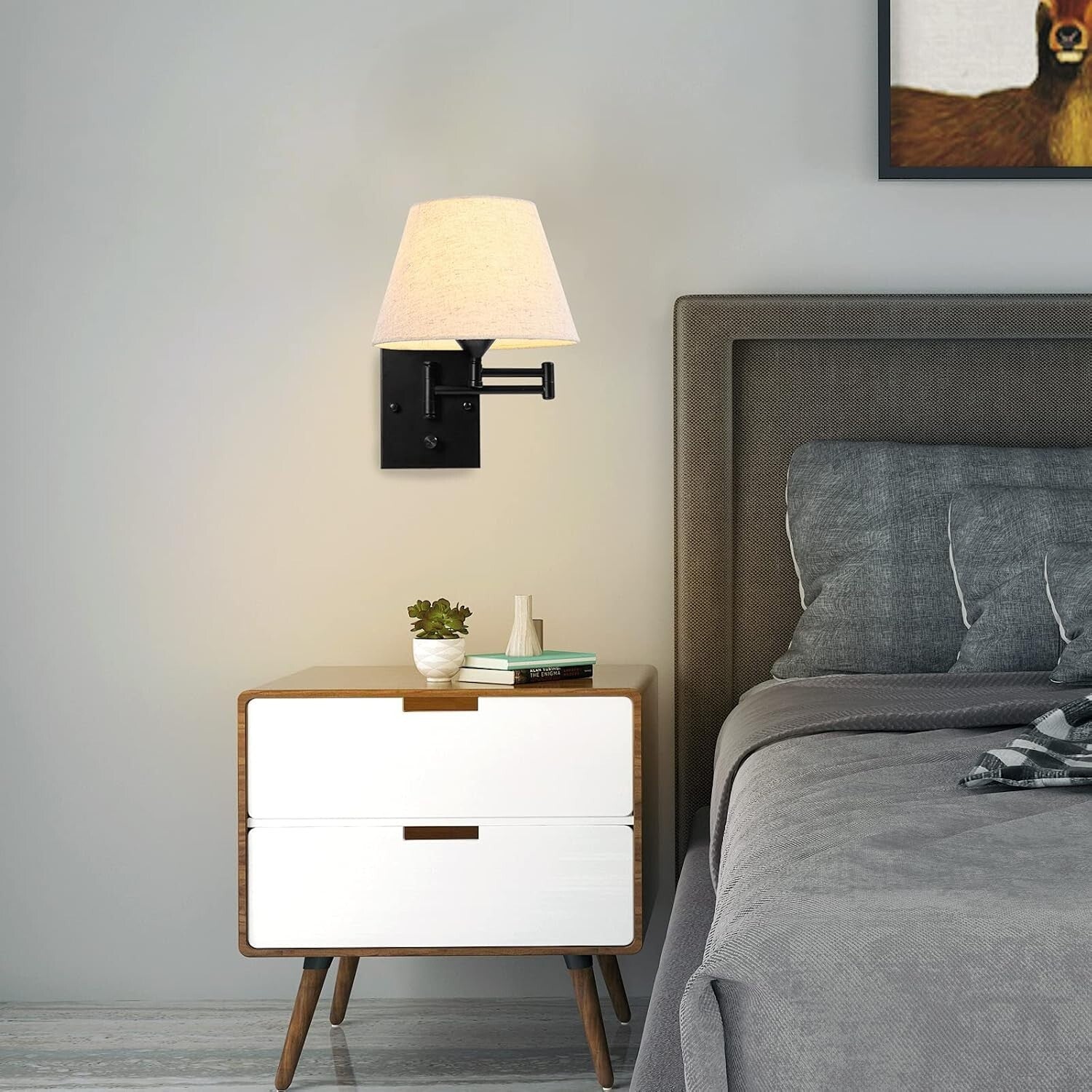 Elegant Plug-In Wall Sconce Set of 2 with Adjustable Swing Arm & Fabric Shade