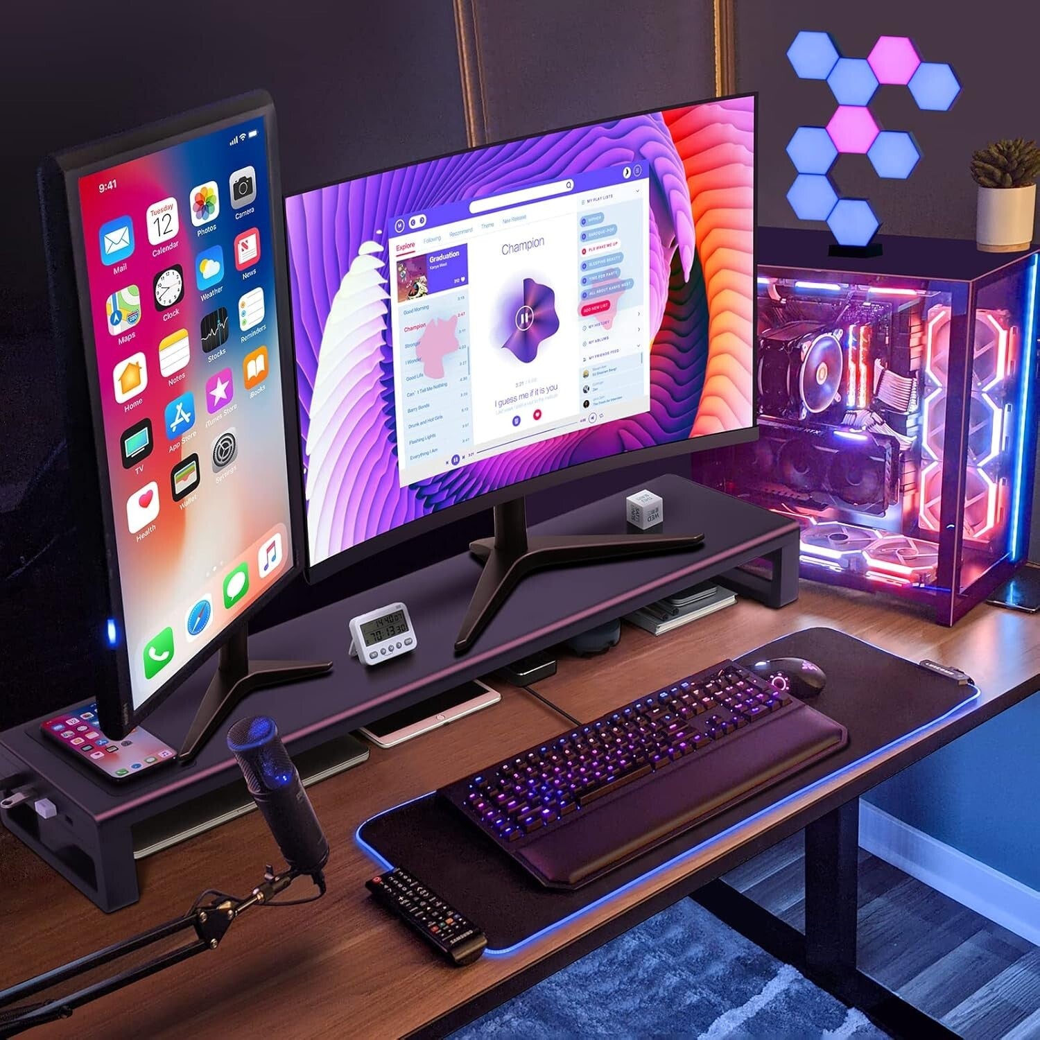 High-Quality Dual Monitor Riser with Fast Wireless Charging & 4 USB Ports