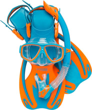 Load image into Gallery viewer, Blue/Orange Rocks Kids Snorkel Gear - Complete Mask, Fins &amp; Splash Guard Snorkel