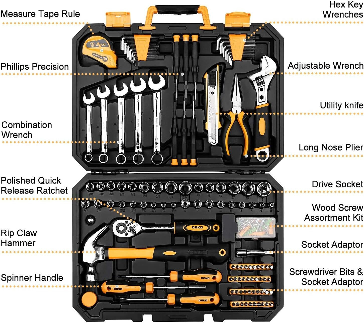 Durable 158-Piece Hand Tool Kit with Toolbox - Ideal for Home and Auto Repair