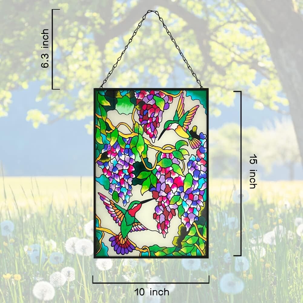 Unique 10" W x 15" H Hummingbird Stained Glass with Hanging Chain - Ideal Gift